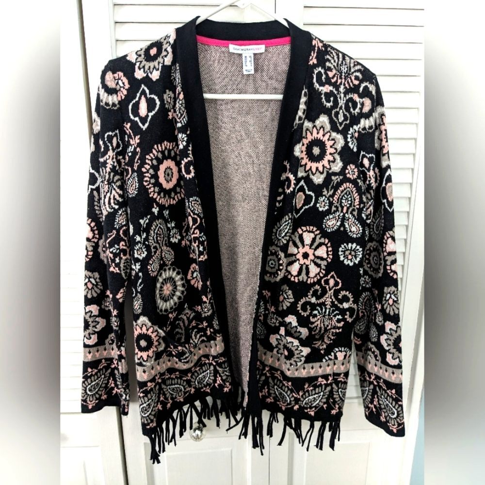 Isaac Mizrahi Live! Women's sz XS Fringe Black/Pink Floral Open Cardigan Pockets